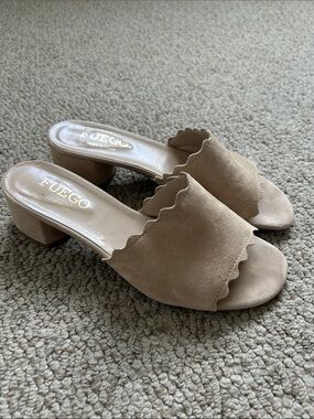 Made in Spain Beige Scalloped Suede Block Heel Mules